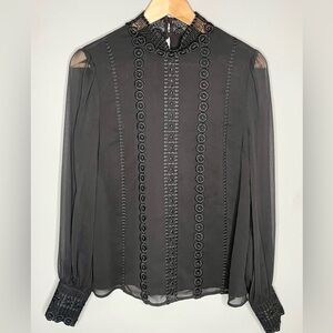 Ted Baker London Vessar Lace Trim Chiffon Black Blouse